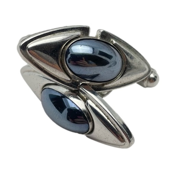 VINTAGE Anson Cufflinks Blue Grey Cabochon Silver Tone Eye Shaped Chunky Signed - Picture 1 of 8